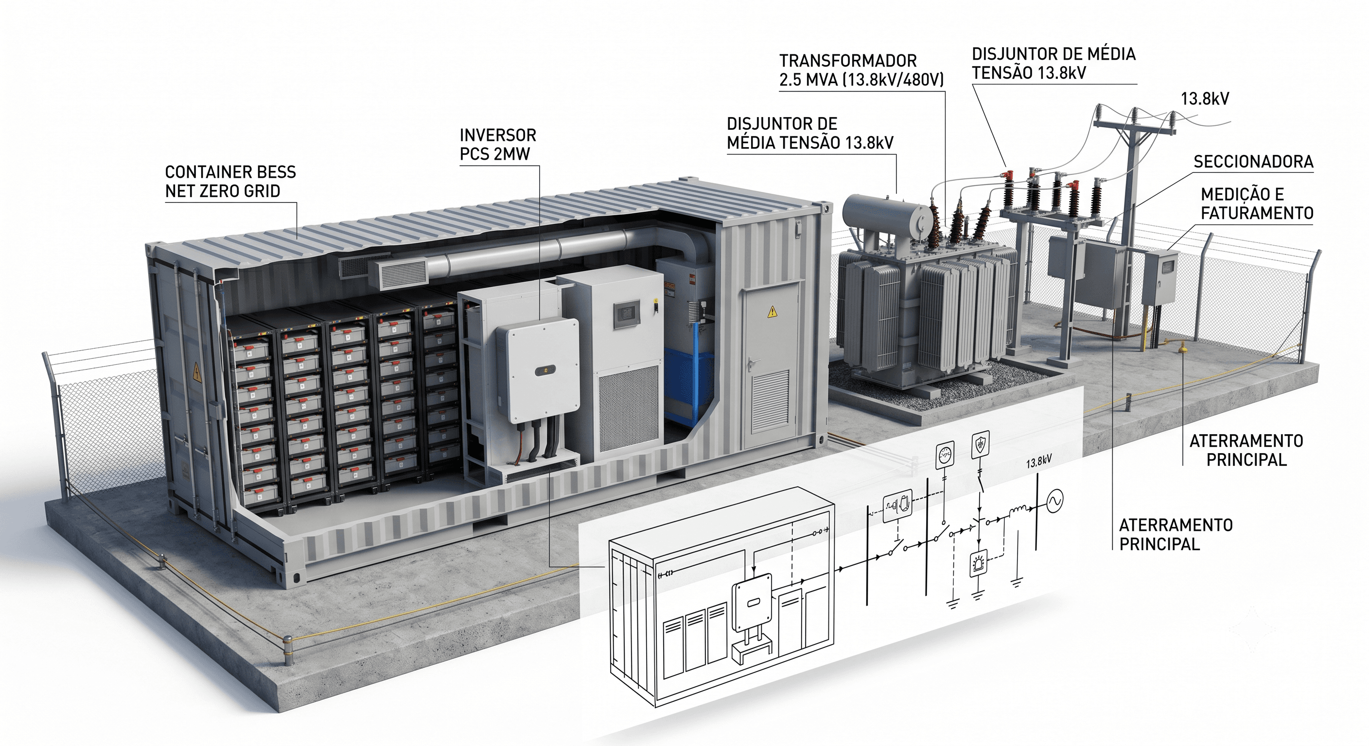 Container BESS NET ZERO GRID com inversor PCS 2MW, transformador e conexão à rede em média tensão